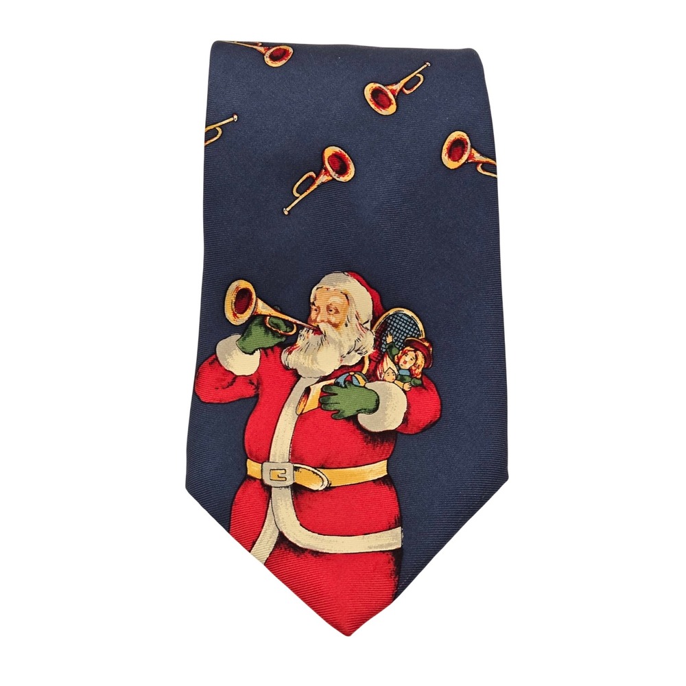 John Henry Mens Silk Navy Blue Santa Claus Trumpet Christmas Holiday Necktie